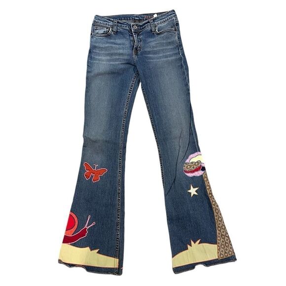 VINTAGE Allen B. By Allen Schwartz Boho Patchwork Retro Boot Cut Jeans C28 - Picture 1 of 8
